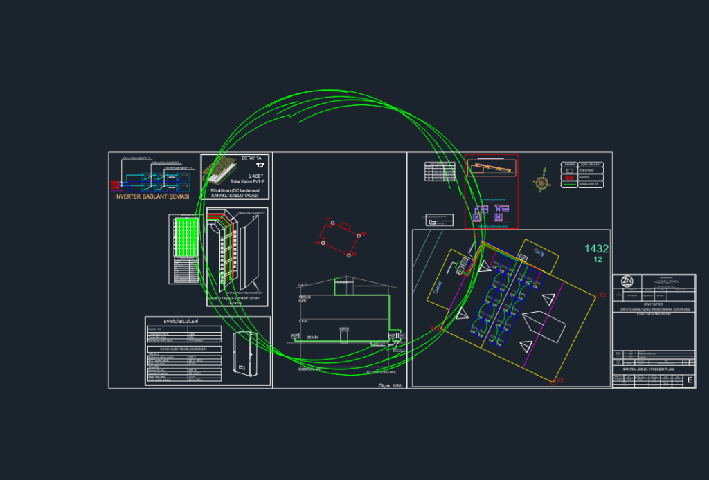 CAD layout for a rooftop solar energy system showing panel placement, electrical wiring diagrams, and building cross-sections
