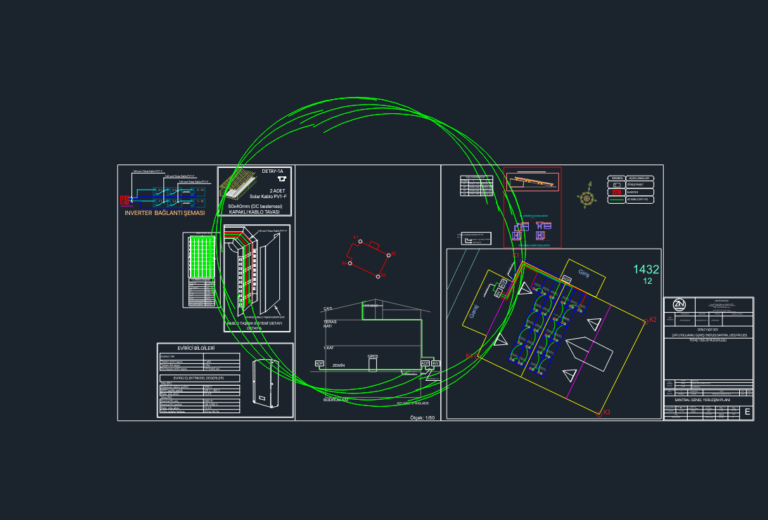 CAD layout for a rooftop solar energy system showing panel placement, electrical wiring diagrams, and building cross-sections