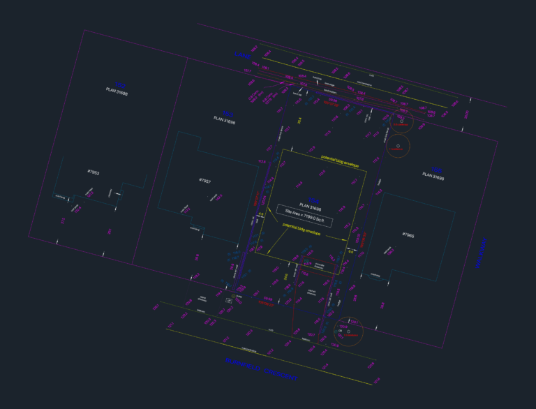 Residential site survey CAD drawing for a 7199 sq ft lot showing building envelope, property lines, and spot elevations.