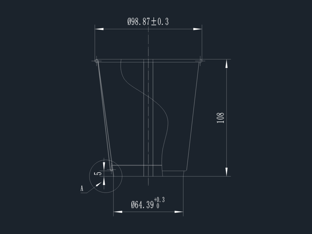 Technical CAD drawing showing section and elevation views of a 60g paper cup with dimensional annotations.
