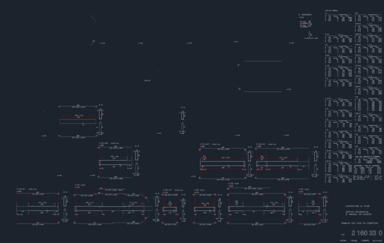 Structural CAD drawing showing rebar reinforcement details for roof beams and balconies with a complete steel bar list.