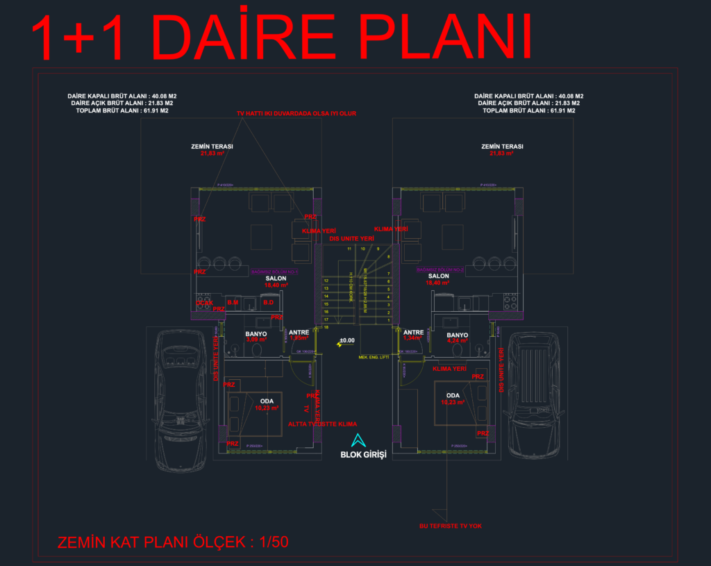 CAD floor plan of mirrored 1+1 apartment units showing living area, bedroom, bathroom, and outdoor terrace.