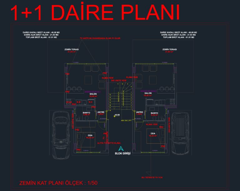 CAD floor plan of mirrored 1+1 apartment units showing living area, bedroom, bathroom, and outdoor terrace.