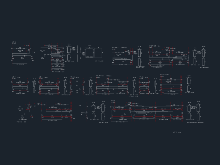 Structural CAD drawing of reinforced concrete beam layouts with longitudinal sections, cross-sections, and rebar callouts.