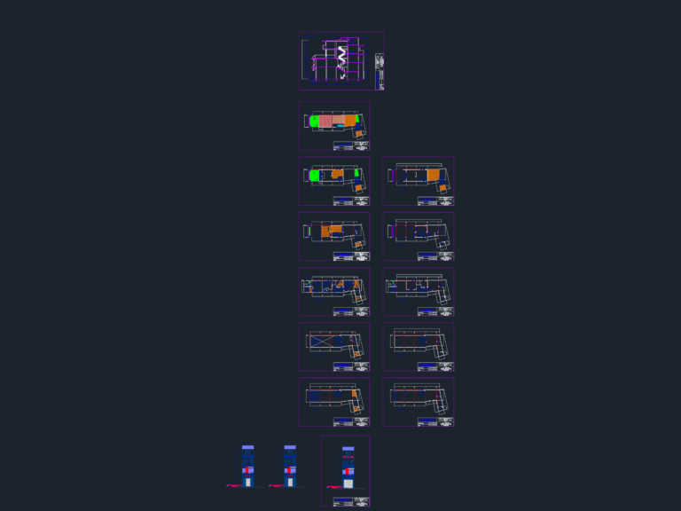 CAD floor plans for a multi-story office renovation showing ground, first, and second floor layouts.