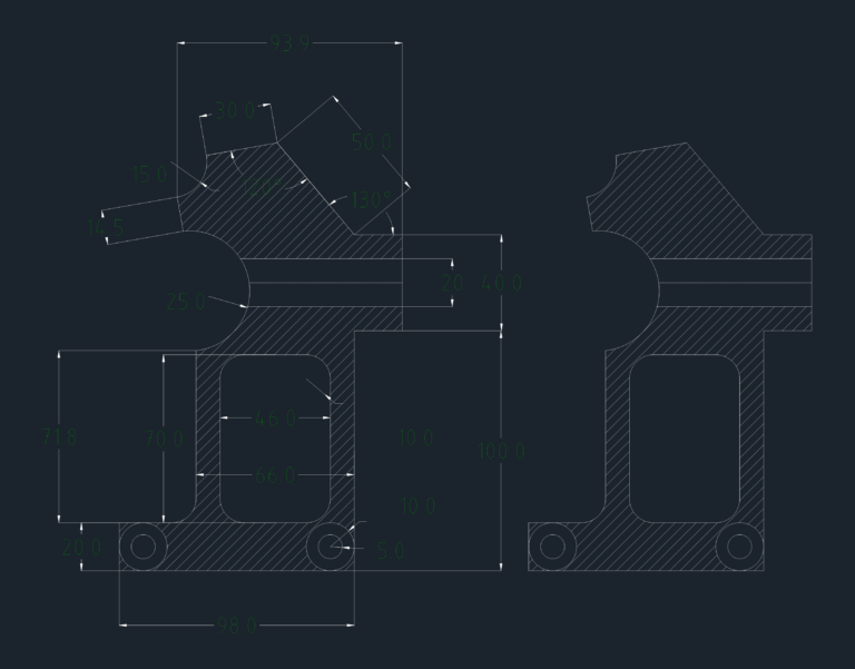 Cross-sectional CAD drawing of an industrial mechanical bracket showing hatching and dimensional measurements.