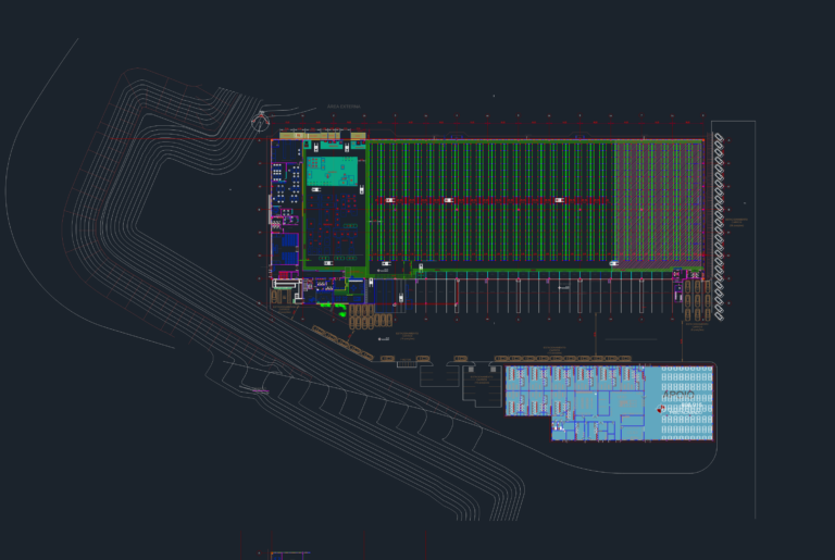 Architectural CAD plan of an industrial warehouse showing production lines, storage racks, and loading docks.