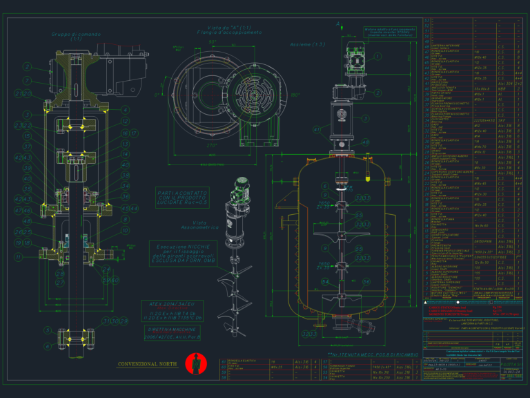 Technical assembly drawing of a 1000L industrial mixer showing sectional, isometric, and detail views with a BOM.