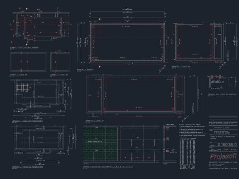 Structural CAD drawing of a concrete water reservoir showing reinforcement plans, sections, and rebar schedules.