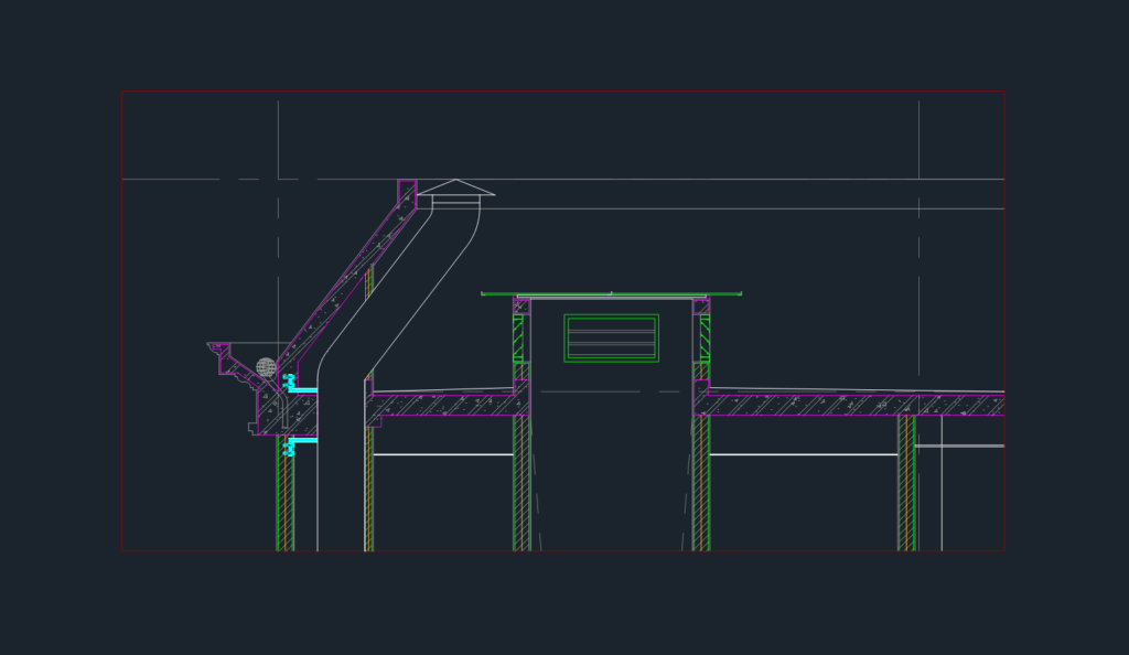 CAD cross-section showing roof drainage, gutter detail, and ventilation shaft for a hotel building.