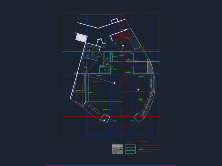 Retail interior tracking plan showing plasterboard axes, furniture layout, stairs, and construction annotations.
