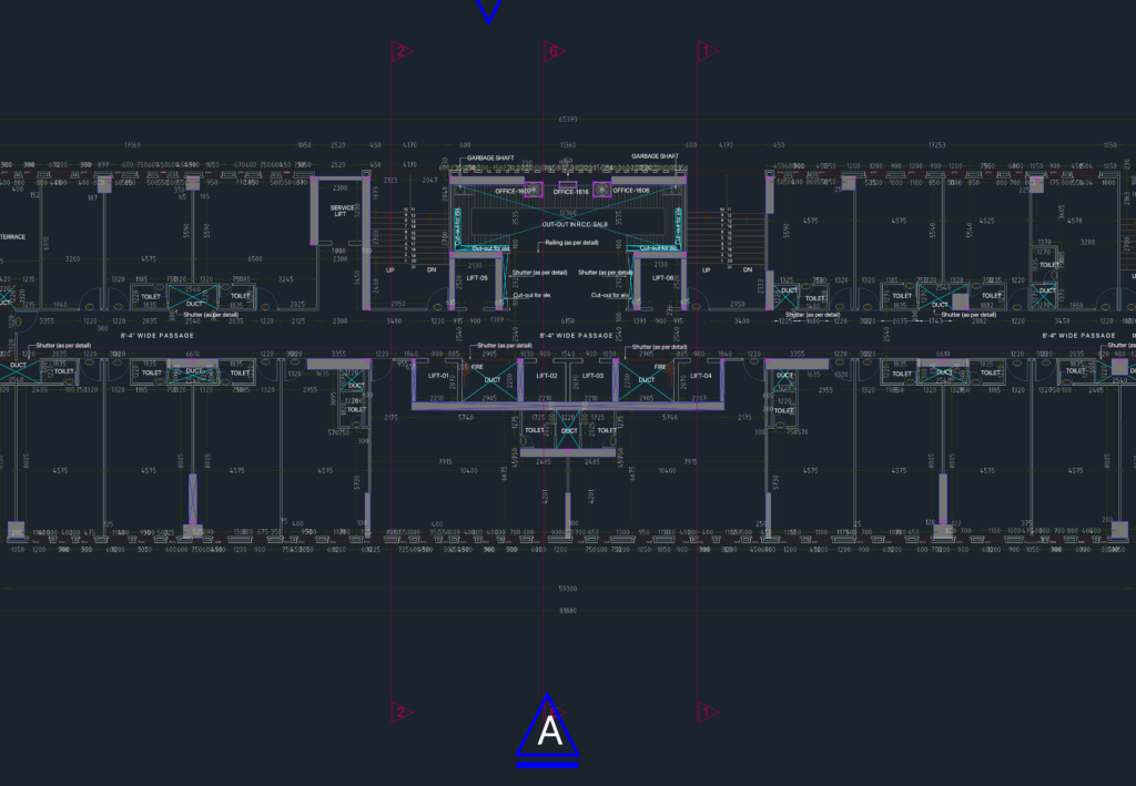 CAD floor plan of a 17th-floor commercial office showing lift core, service shafts, toilets, and HVAC ducting layout.