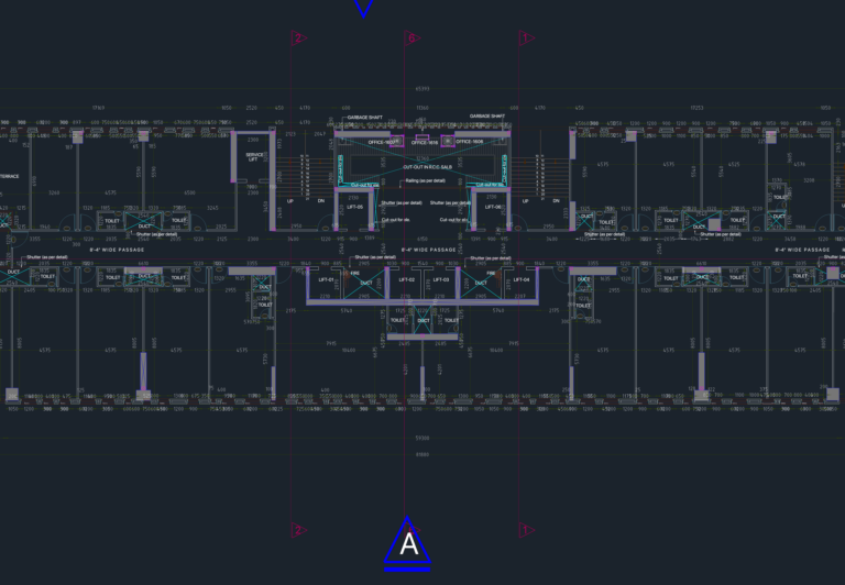 CAD floor plan of a 17th-floor commercial office showing lift core, service shafts, toilets, and HVAC ducting layout.