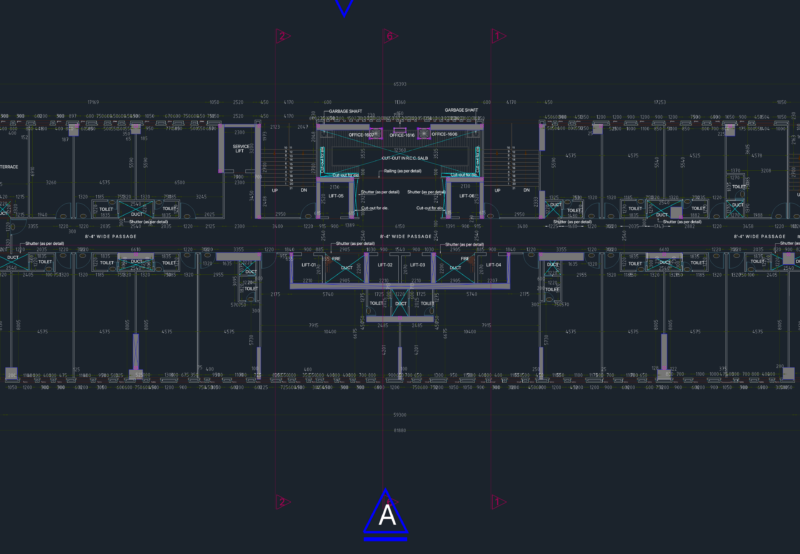 17th Floor Commercial Office Plan with Lift Core and Service Shafts