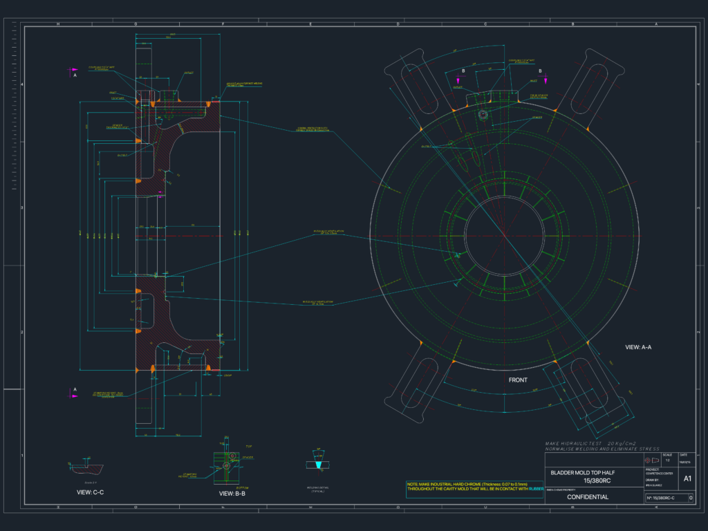 Mechanical CAD drawing of a 15/380RC bladder mold top half with front view, cross-sections, and technical dimensions.