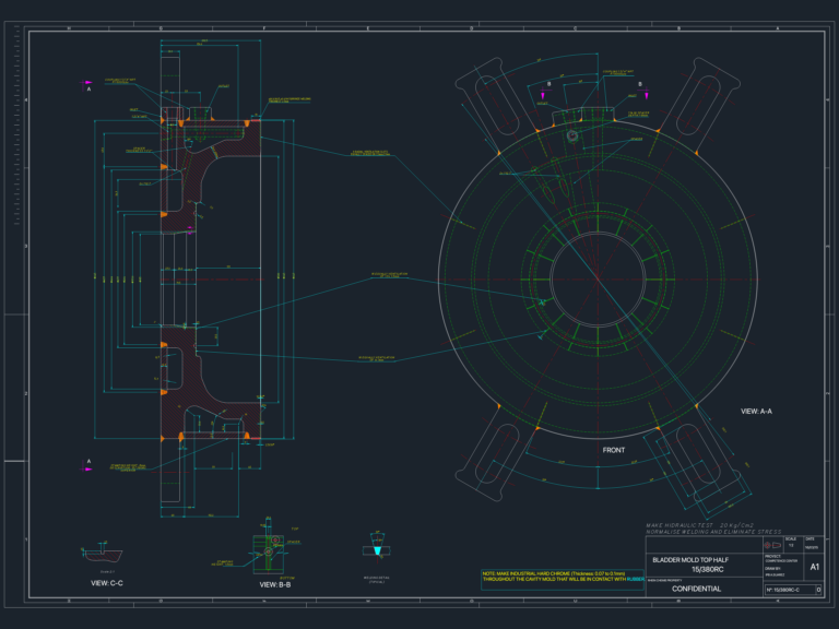 Mechanical CAD drawing of a 15/380RC bladder mold top half with front view, cross-sections, and technical dimensions.