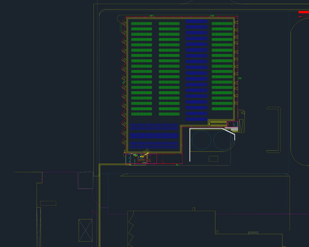 CAD floor plan of an industrial warehouse showing internal racking, loading docks, and office space.