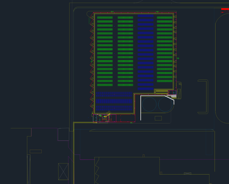 CAD floor plan of an industrial warehouse showing internal racking, loading docks, and office space.
