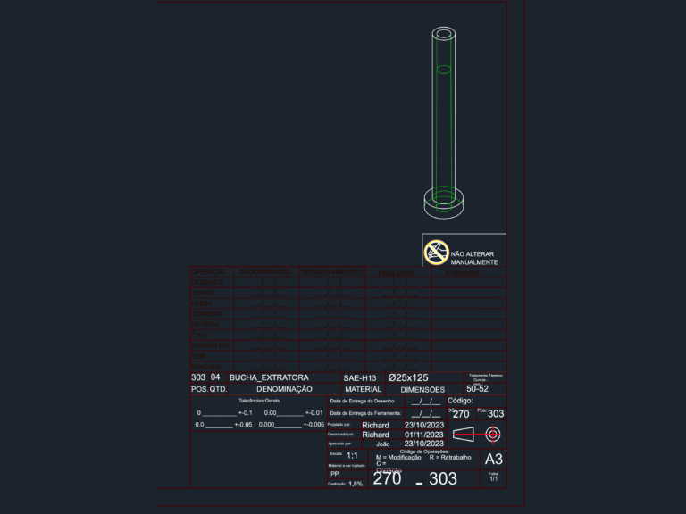 3D wireframe perspective and technical manufacturing drawing for an SAE-H13 extractor bushing with title block.