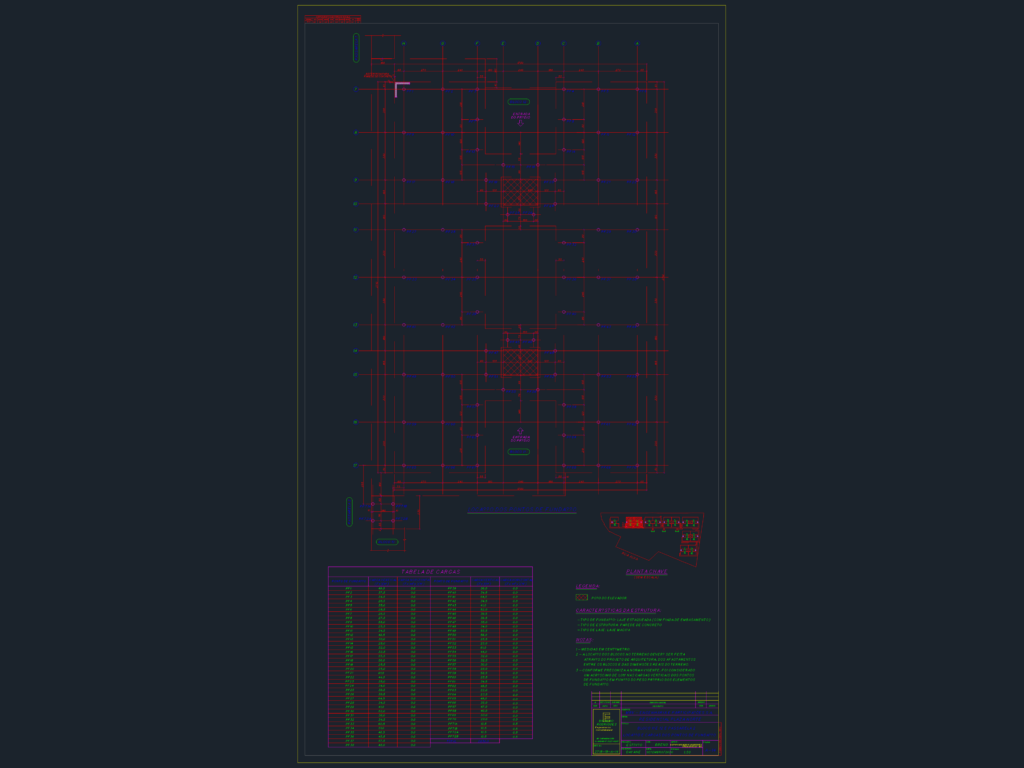 Structural CAD drawing showing foundation point locations, elevator pit details, and a load table for residential blocks.