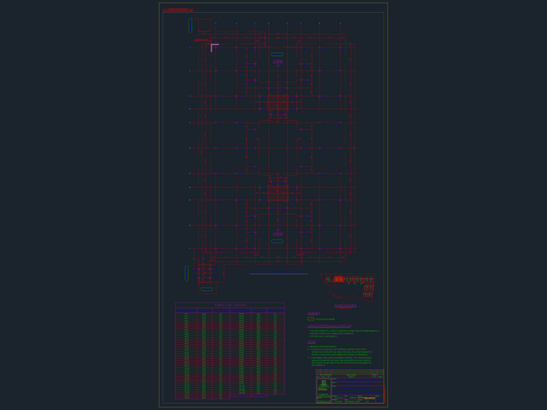 Structural CAD drawing showing foundation point locations, elevator pit details, and a load table for residential blocks.