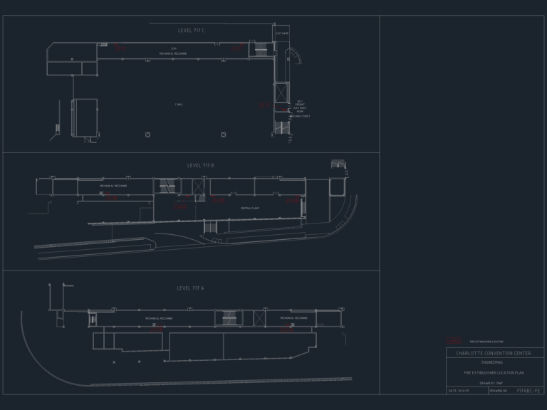 Three-level CAD floor plan of Charlotte Convention Center with red markers for fire extinguisher locations.
