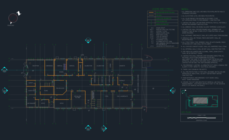 Architectural ground floor plan for a materials testing facility showing specialized labs, offices, and symbol legend.