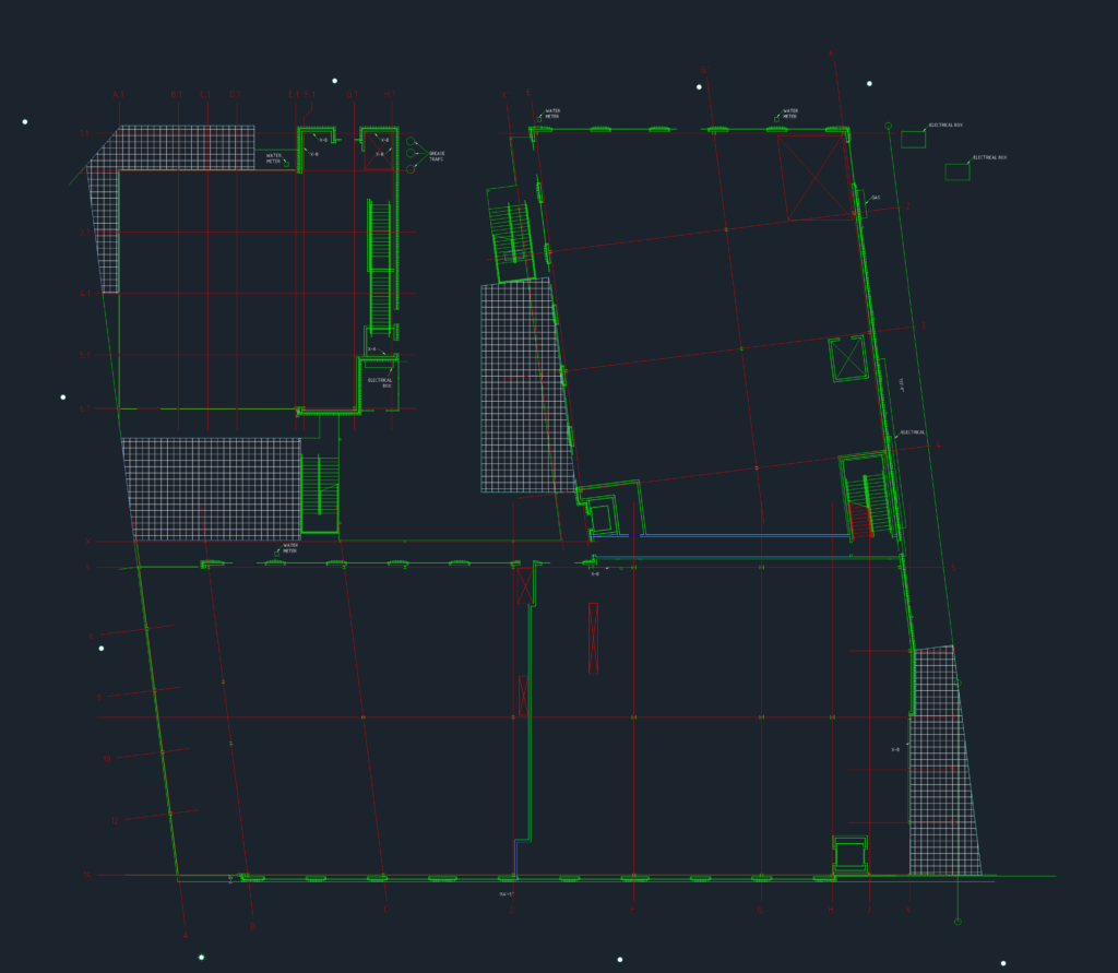 Level 01 floor plan showing structural column grid, stairs, and labeled utility hookups for a commercial building.