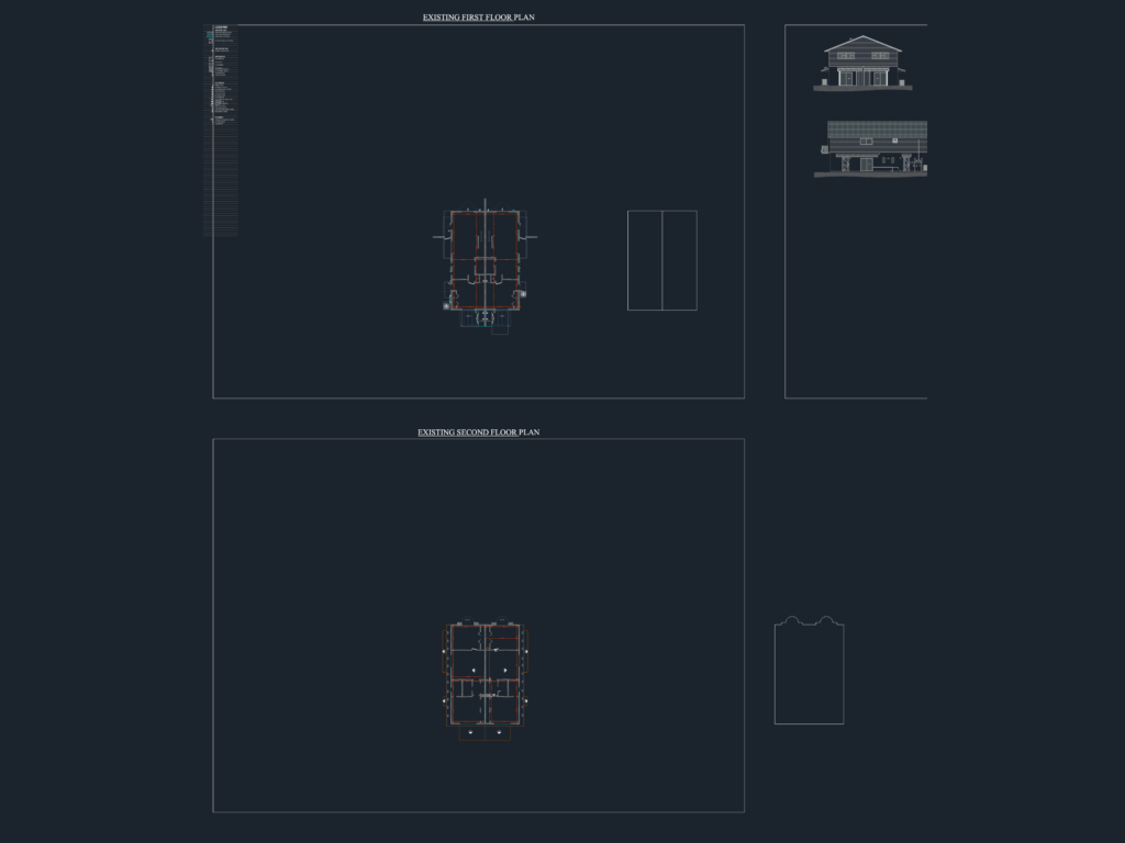 Architectural floor plan CAD drawing of a symmetrical two-story residential building with dimension lines.