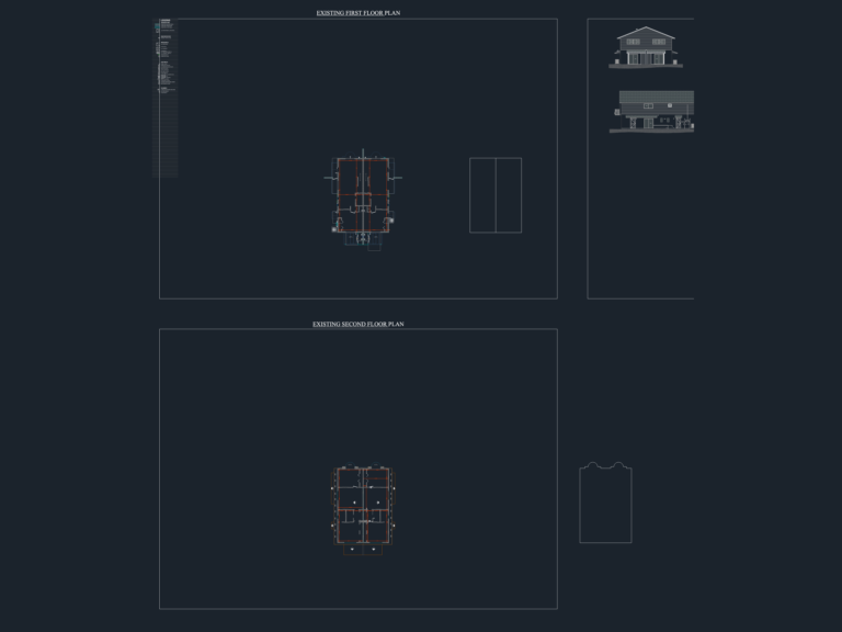 Architectural floor plan CAD drawing of a symmetrical two-story residential building with dimension lines.