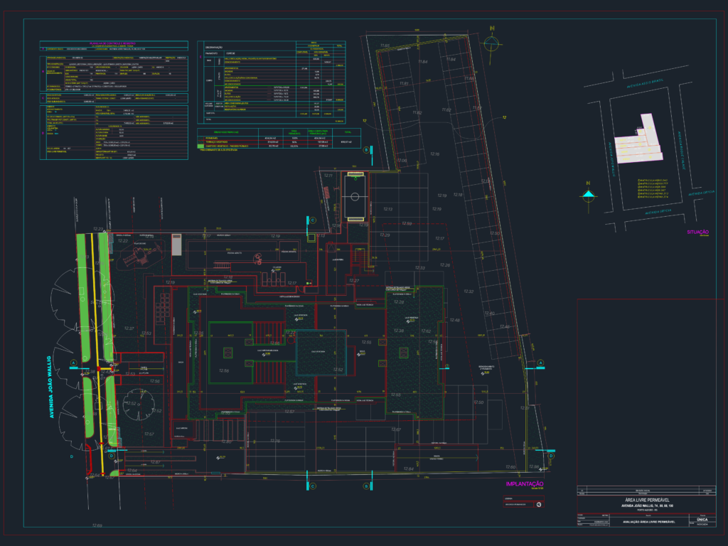 CAD site plan of a multifamily residential building showing building footprint, pool area, and area calculation tables.