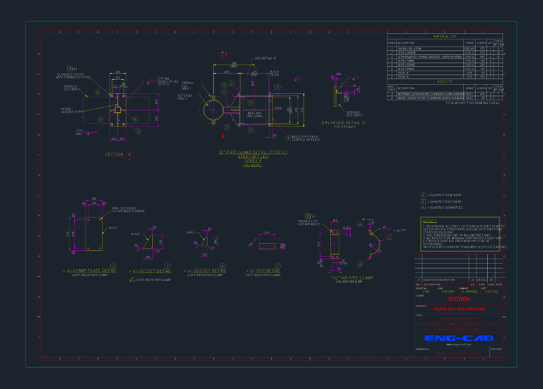 Technical fabrication drawing of a 12 inch ventline pipe clamp support including plan views, sections, and material list.