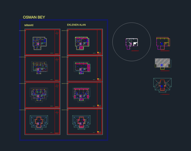 Architectural floor plans and structural formwork layouts for a multi-level villa house extension.