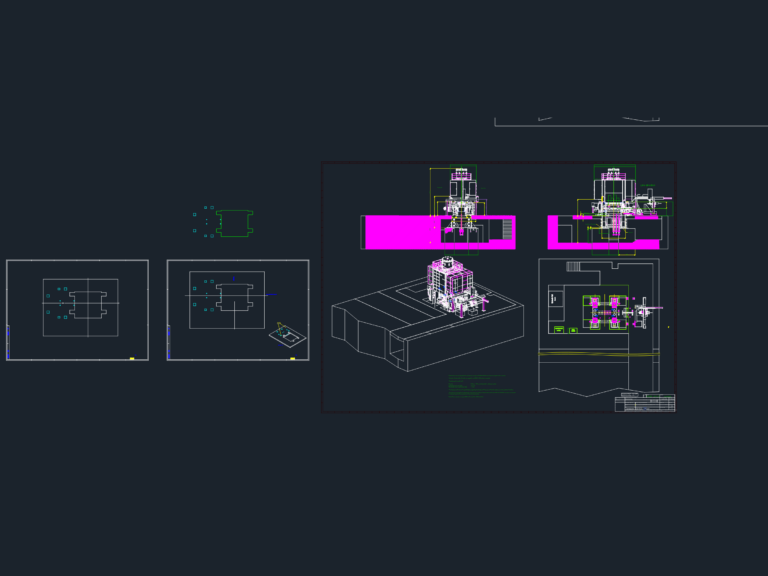 3D isometric and 2D plan views of a Farina press pit foundation with equipment layouts and mechanical centerlines.