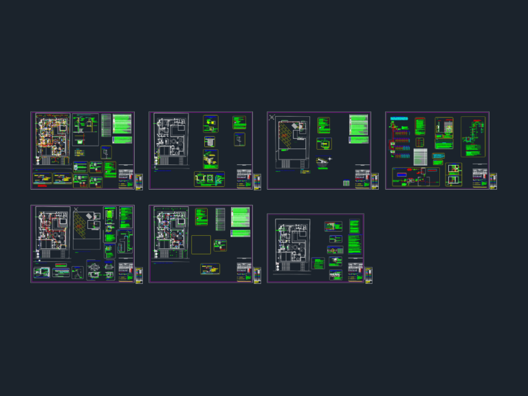 Seven CAD sheets for residential MEP showing electrical floor plans, gas piping layouts, CCTV, and technical legends.