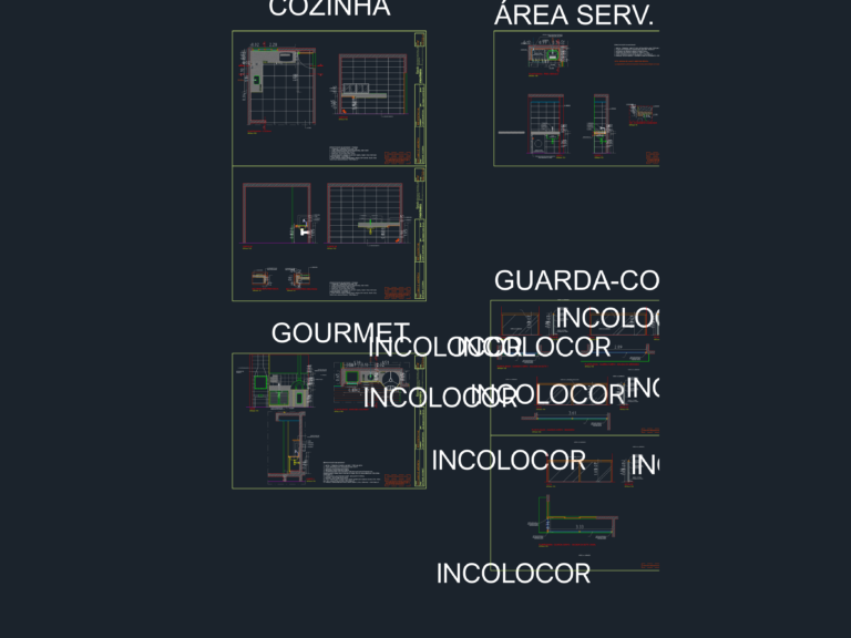 CAD drawings of residential bathroom elevations, kitchen plans, and glass balcony railing construction details.