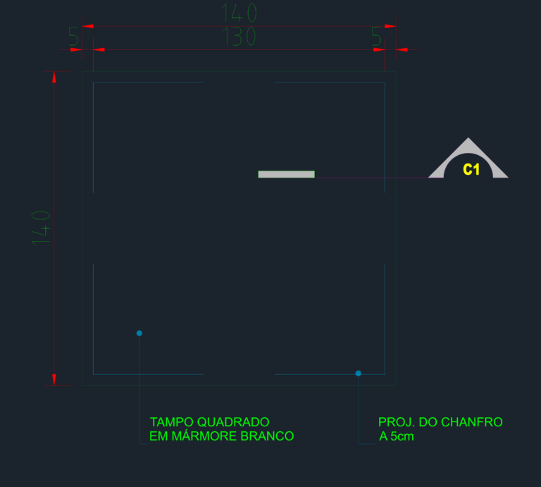 CAD plan view of a 140x140cm square white marble tabletop with 5cm chamfer detail and dimensions.