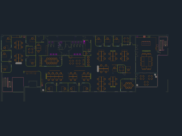 CAD floor plan of a commercial office interior showing workstations, private offices, boardroom, and restroom layout.