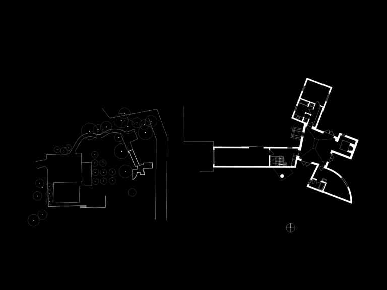 Architectural sections and elevations of Frank Gehry's Winton Guest House showing sculptural volumes and interior stairs.