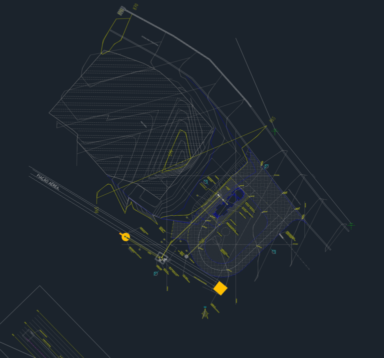 CAD site plan of a water station showing topographic contours, paving patterns, and drainage infrastructure.