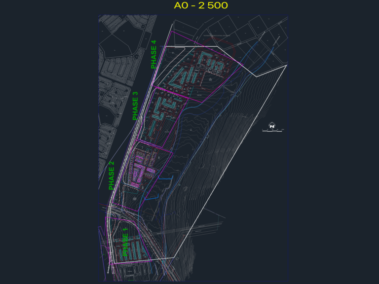 4-phase township development layout showing residential zoning parcels, site contours, and infrastructure lines.