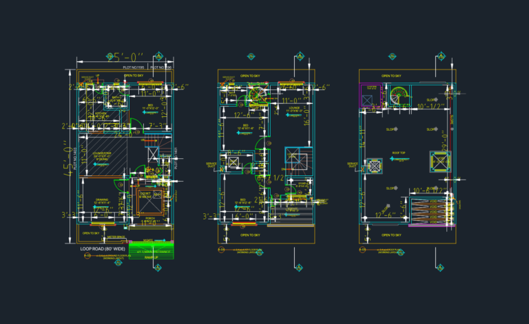 Architectural front elevation and vertical section of a 25'x45' residential house with dimensions in imperial units.