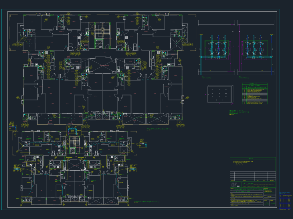 CAD floor plans and isometrics for apartment plumbing and sewage systems with water meter box construction details.