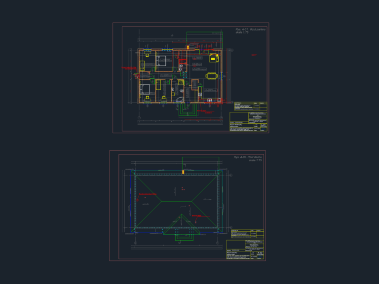 Ground floor and roof plan drawings for a single-family house project at 1:75 scale.