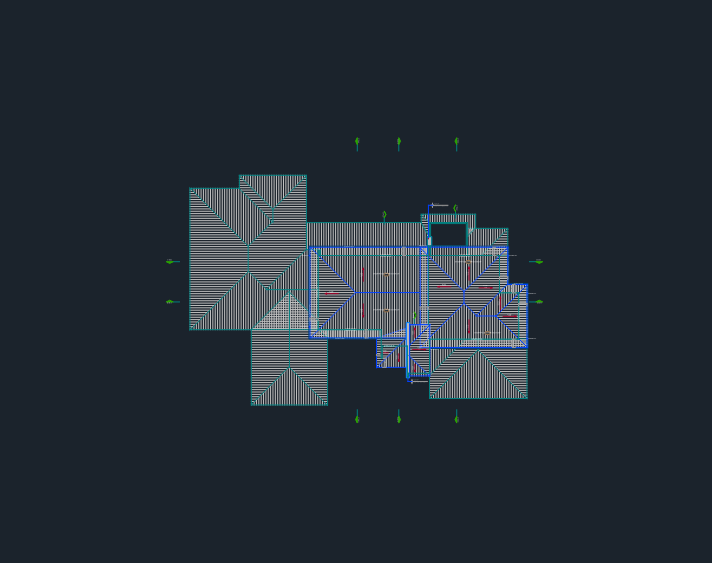 CAD roof plan of a residential building showing standing seam metal texture, slopes, and gutter drainage layout.