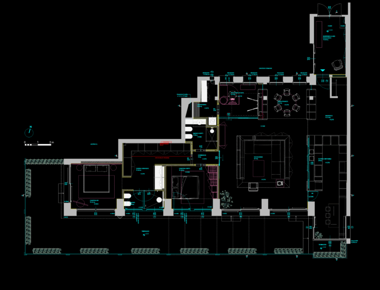 Architectural floor plan of a Milanese apartment showing furniture layout, large terrace, and interior room divisions.