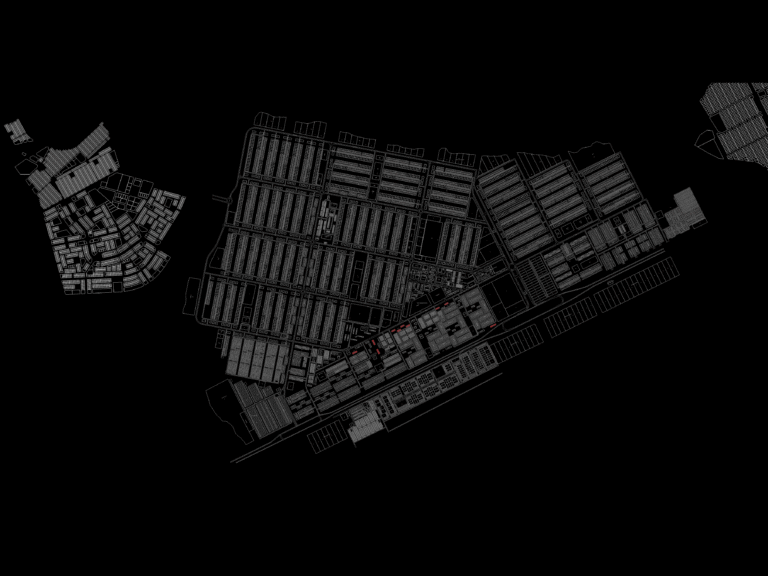 2D CAD layout of a city master plan with detailed parceling, lot numbering, and street networks.