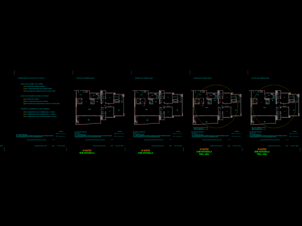 CAD drawing showing four floor plan variations for a 3-suite apartment with layout modification notes in Portuguese.