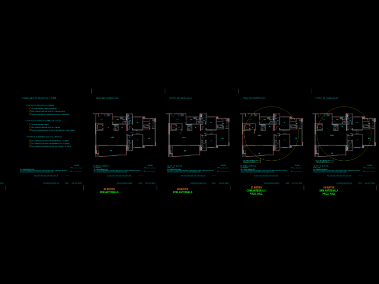 CAD drawing showing four floor plan variations for a 3-suite apartment with layout modification notes in Portuguese.