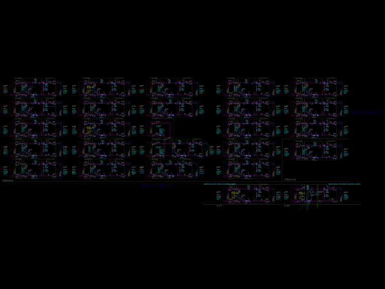 Detailed HVAC schematics for heat recovery systems showing heat exchangers, pumps, valves, and expansion tanks.